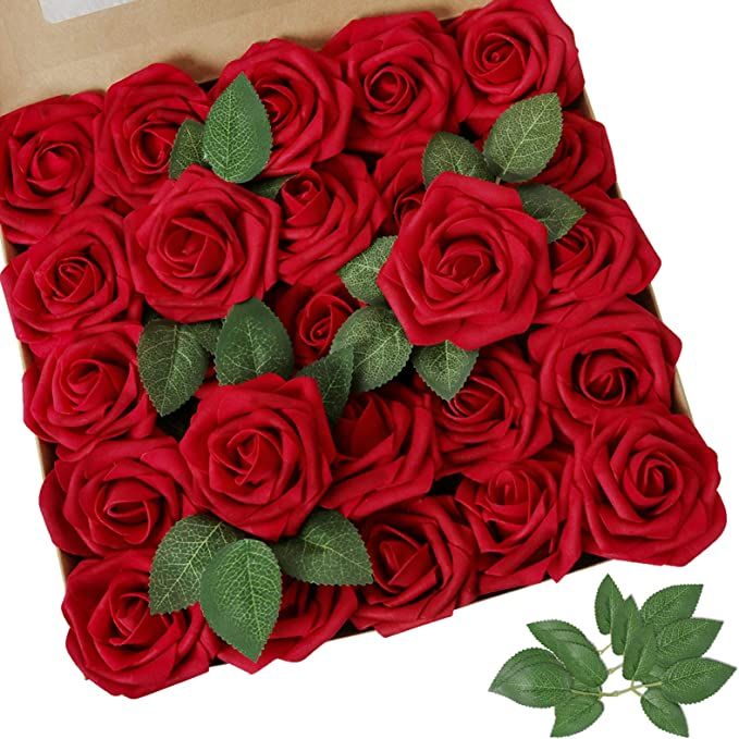 AmyHomie Artificial Flower Red Rose 25pcs Real Looking Fake Roses w/Stem for DIY Wedding Bouquets... | Amazon (US)