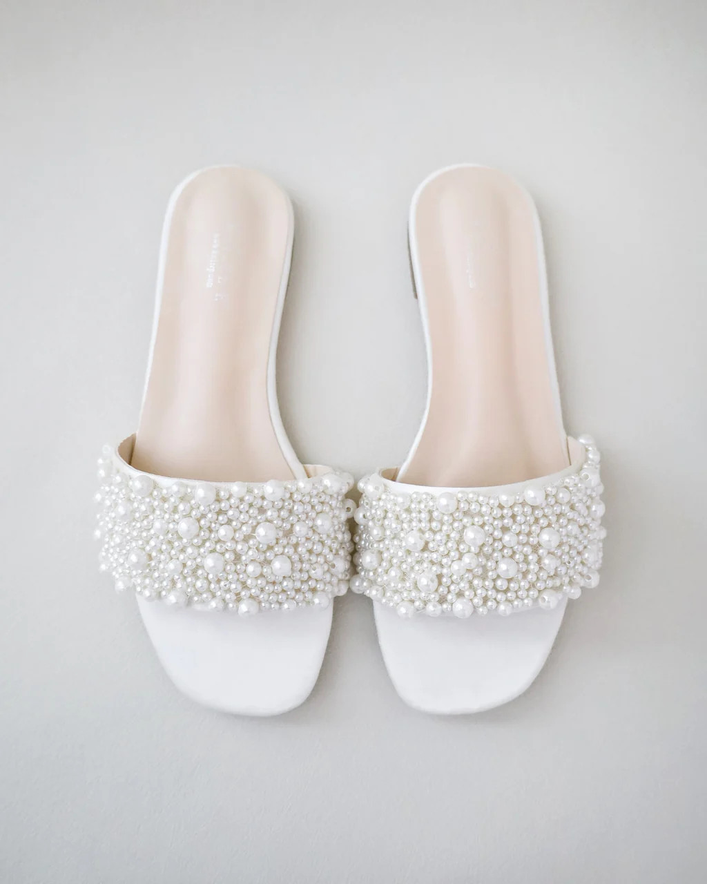 Ivory Satin Slip on Sandals with Perla Applique | Kailee P.