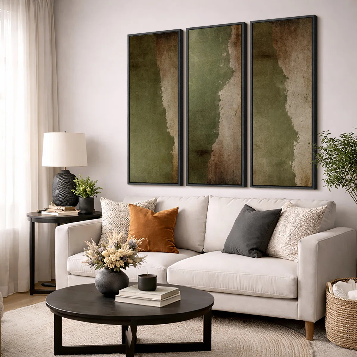 Subtle Olive Green Abstract Earth Tones Triptych \u2013 Pictures Extra Large Framed Canvas Print ... | Wayfair North America
