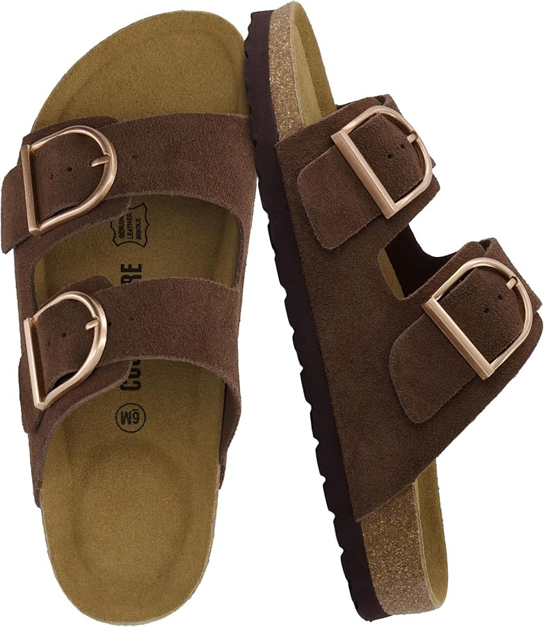 CUSHIONAIRE Legacy Cork Footbed Sandals for Women – Leather Double Strap Slides with Adjustable... | Amazon (US)