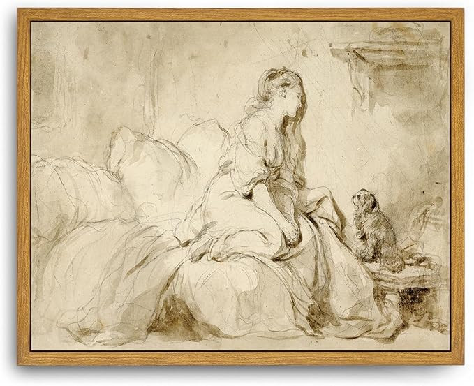 Roslynity Framed Canvas Wall Art Vintage Print Paintings Woman and Faithful Dog French Sepia Sket... | Amazon (US)