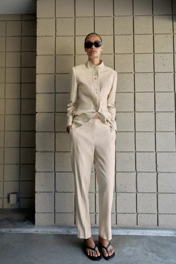 SLIM FIT LINEN BLEND CROPPED TROUSERS | Zara UK