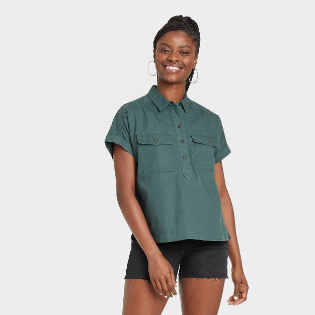 Women&#39;s Dolman Short Sleeve Utility Button-Down Shirt - Universal Thread&#8482; Brown M | Target