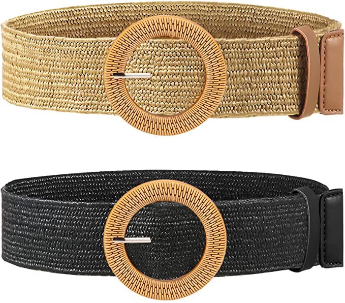 2 Pieces Women Straw Woven Elastic Stretch Waist Belt Skinny Dress Braided Waist Belt with Wooden... | Amazon (US)