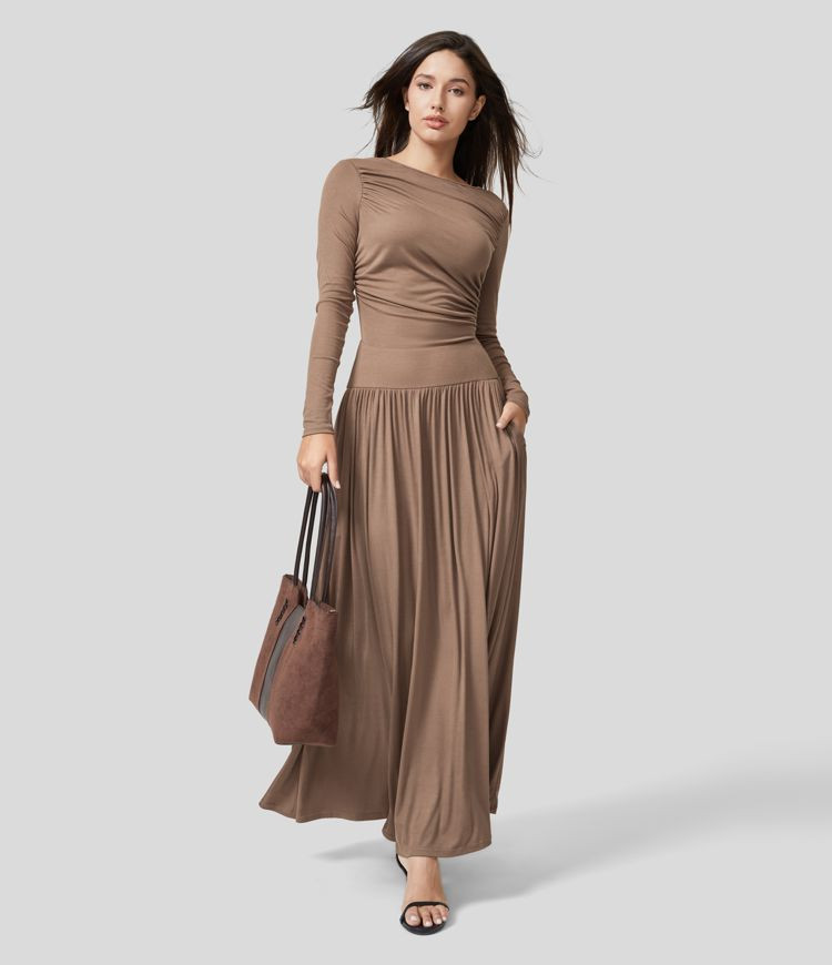 Ribbed Boat Neck Ruched Side Pocket Flowy Maxi Casual Dress | HALARA