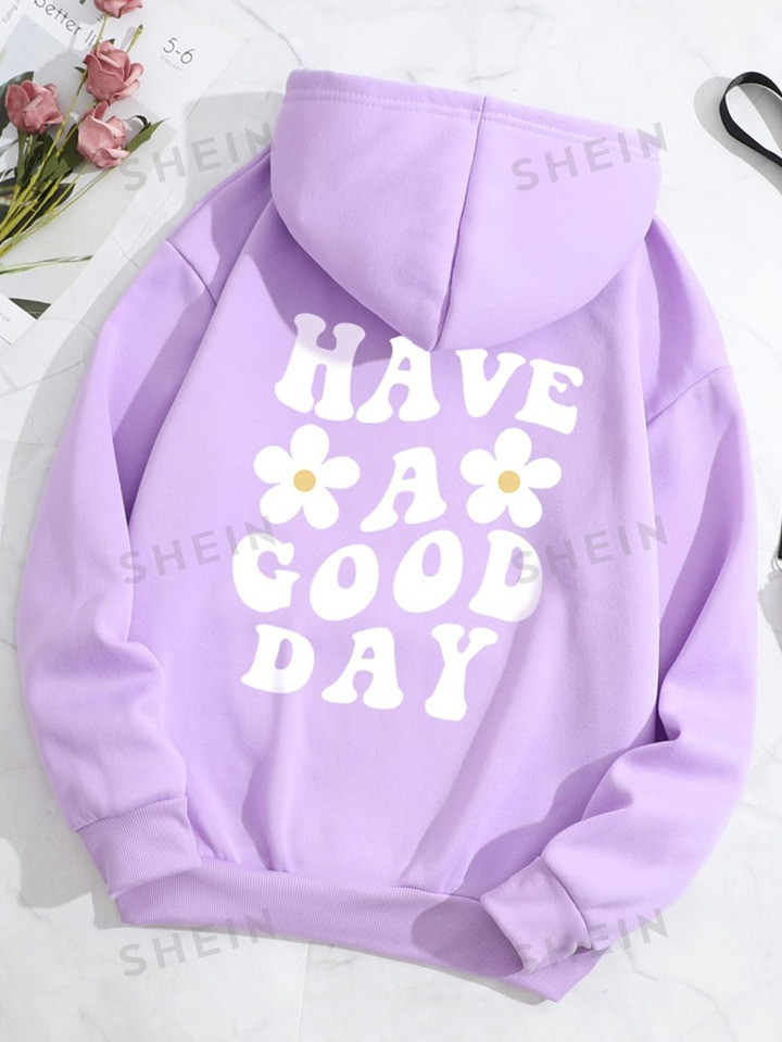 SHEIN Qutie Plus Floral & Slogan Graphic Kangaroo Pocket Drawstring Thermal Hoodie | SHEIN