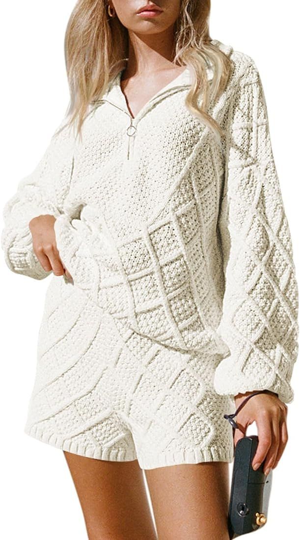 Viottiset Women's 2 Piece Outfits Lounge Sweater Set Zip Collar Long Sleeve Top Knit Shorts Pants... | Amazon (US)