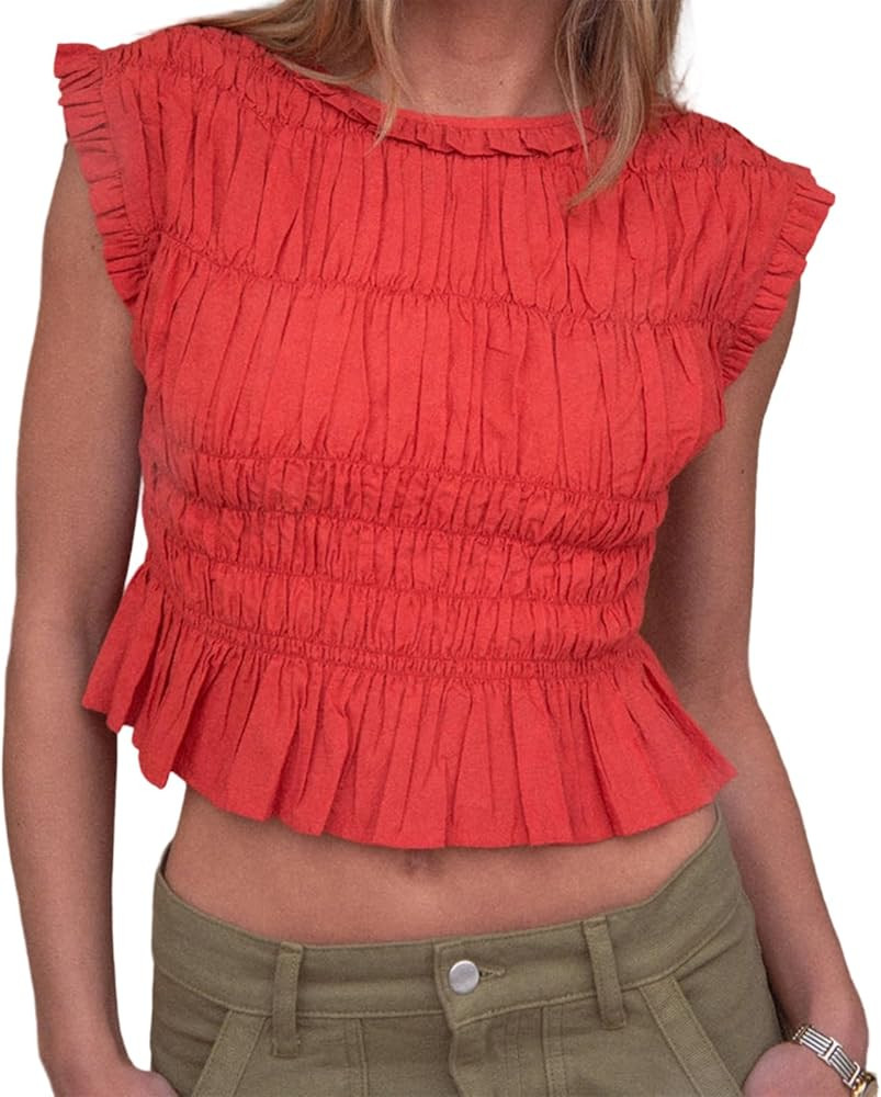 Smocked Top Y2k Women Cap Sleeve Shirred Ruffle Crop Tank Peplum Summer Sleeveless Going Out Vest... | Amazon (US)