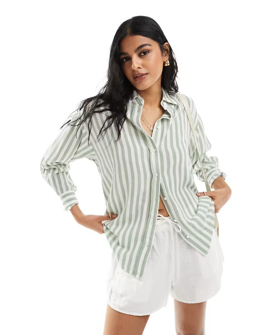 Stradivarius relaxed fit linen mix striped shirt in light green | ASOS (Global)