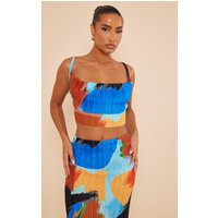 Blue Abstract Print Plisse Strappy Cowl Neck Top | PrettyLittleThing US