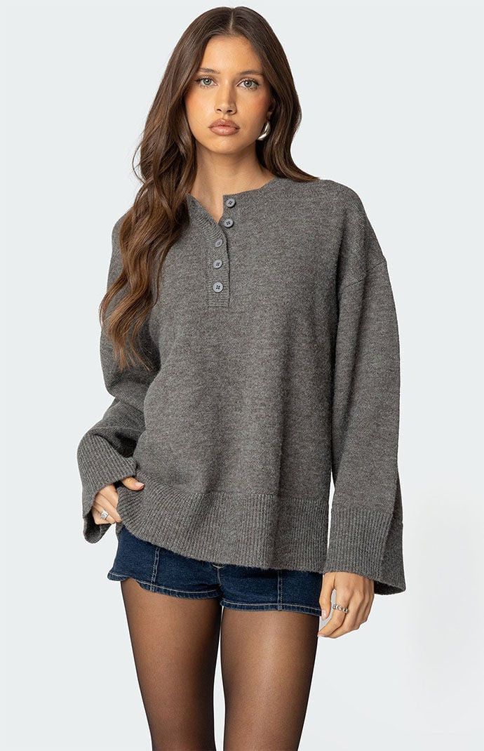 Edikted Women's Montana Oversized Button Sweater in Heather Grey - Size Medium | PacSun