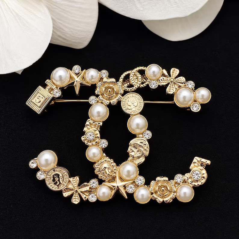 Vintage Chanel Gold Tone CC Logo Pearl Crystal Floral Charm Brooch Pin | Etsy (Global)