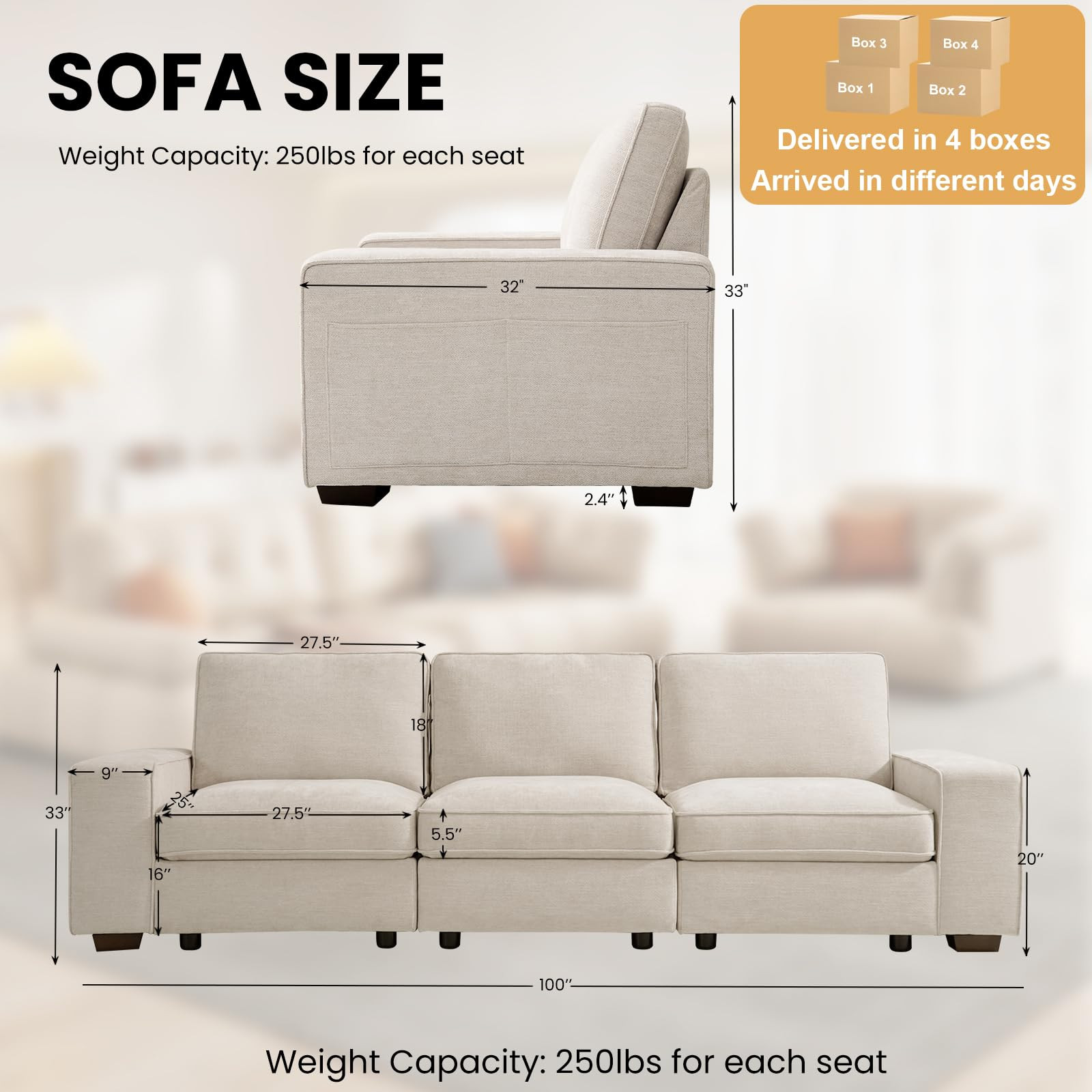 TEKAMON 100" Modular Sofa with Seats Storage, Comfy 3-Seater Chenille Fabric Couch for Living Roo... | Amazon (US)