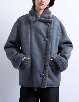 Shearling super oversized car coat in grey | Topshop