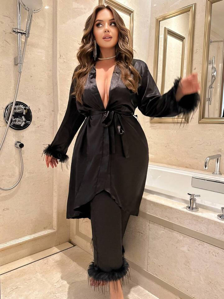 Plus Fuzzy Trim Belted Satin Robe & Pants PJ Set | SHEIN