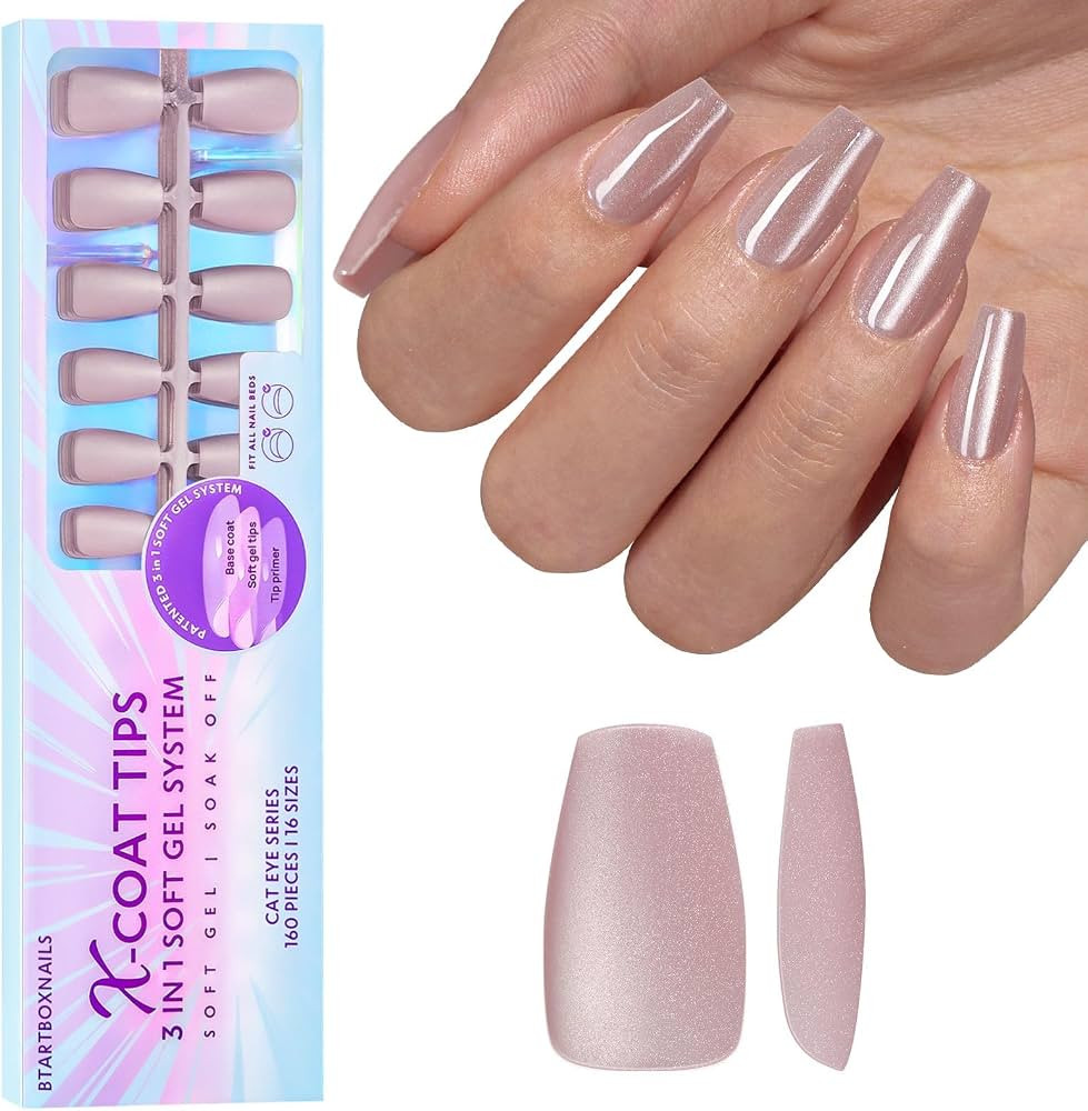 BTArtboxnails Cat Eye XCOATTIPS - Soft Gel Coffin Nail Tips, Glitter Press On Nails Short, Soak O... | Amazon (US)