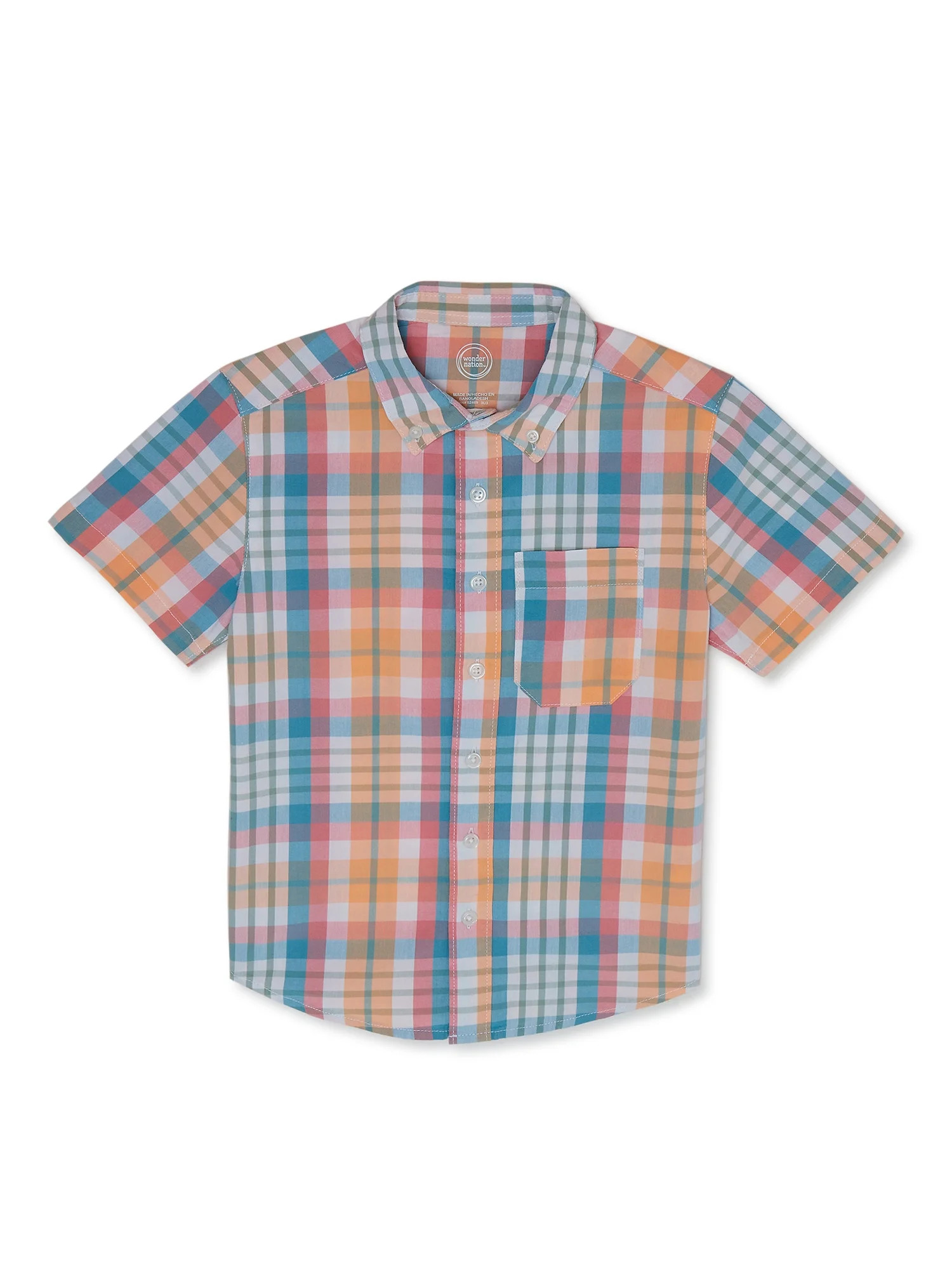 Wonder Nation Boys Woven Button Up T-Shirt with Short Sleeves, Sizes 4-12 & Husky - Walmart.com | Walmart (US)