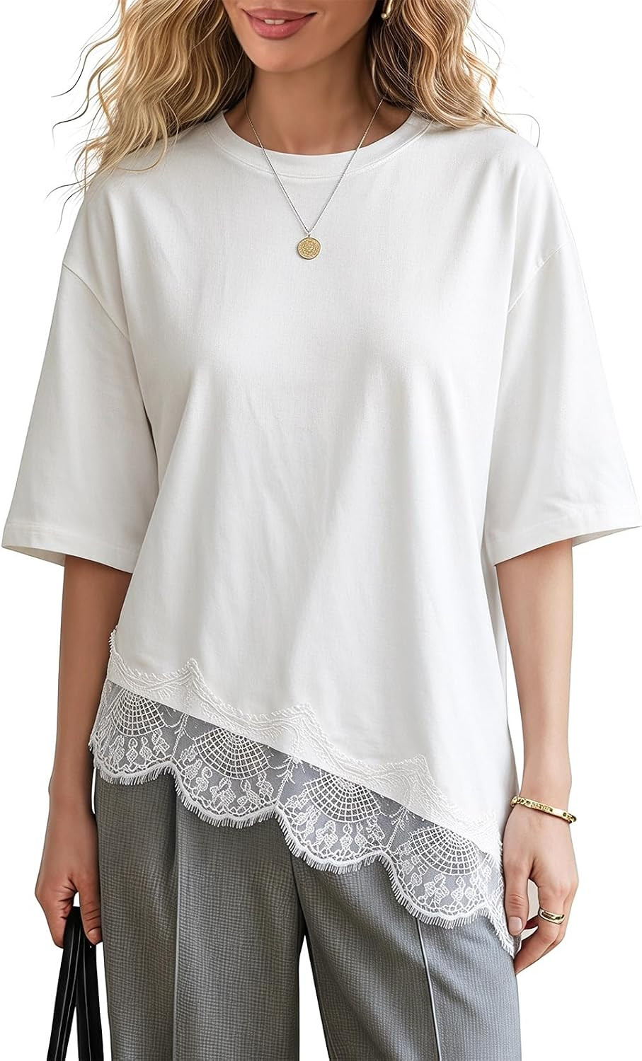 EXLURA Womens Summer Oversized Lace Trim T Shirts 2026 Casual Half Sleeve Asymmetrical Hem Tops Loose Crewneck Tunic Blouse | Amazon (US)