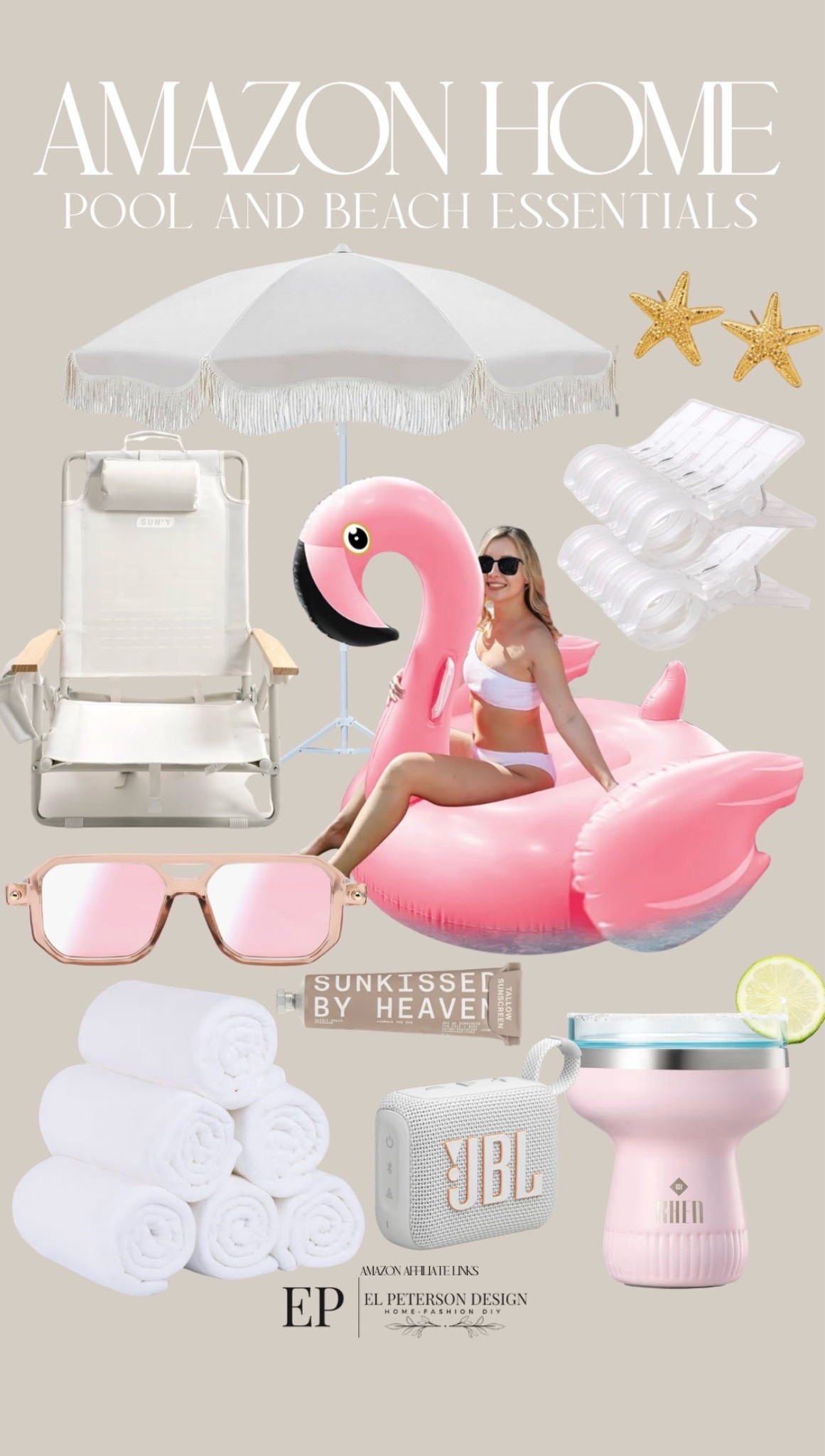 Amazon pool and beach essentials 
Umbrella 
Accent chair
Floats
Towel clip
Towels 
Sunglasses
Portable speaker 
Earrings