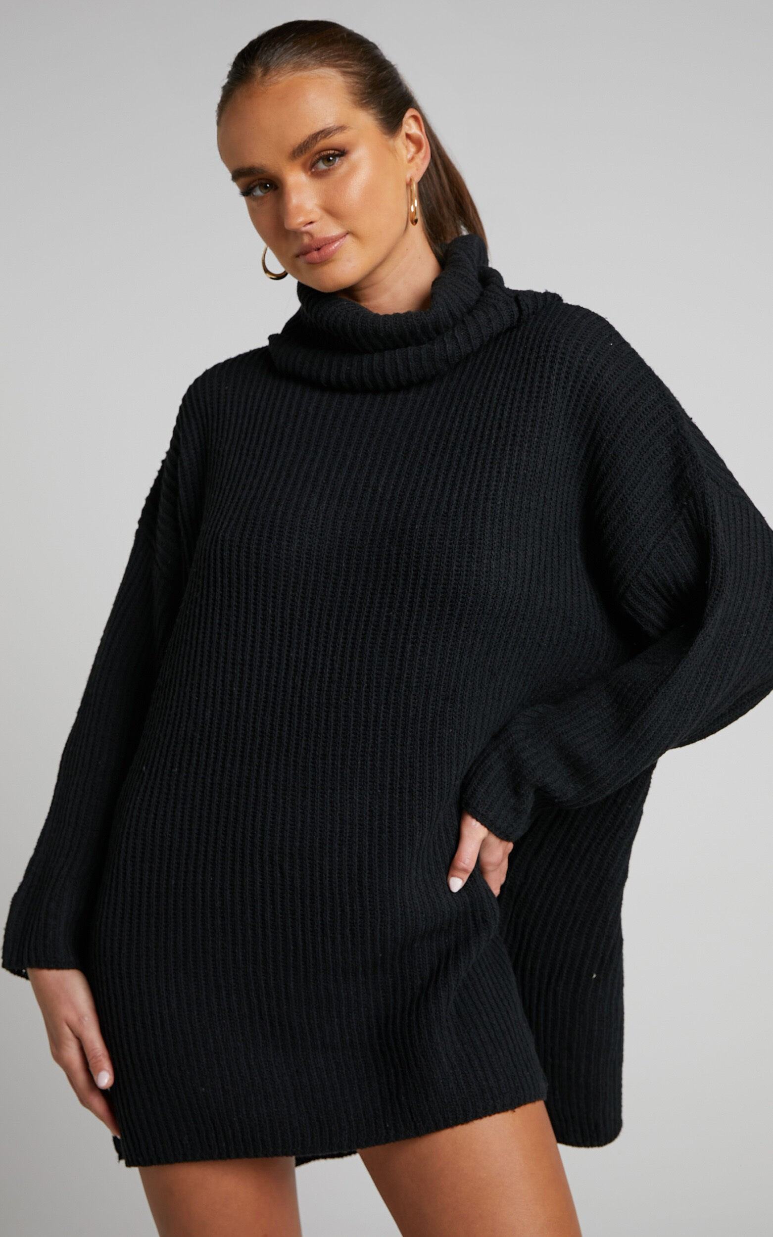 Ariene Jumper Dress - Oversized Turtle Neck Knit Dress in Black | Showpo (US, UK & Europe)