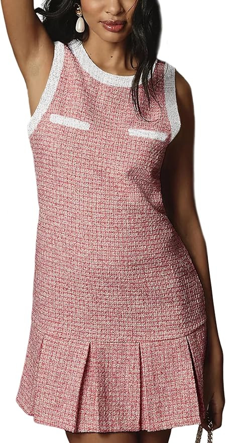 Women's Tweed Jackie Dress Sleeveless Elegant Mini Bodycon Vintage A Line Pleated Skirt Dresses | Amazon (US)