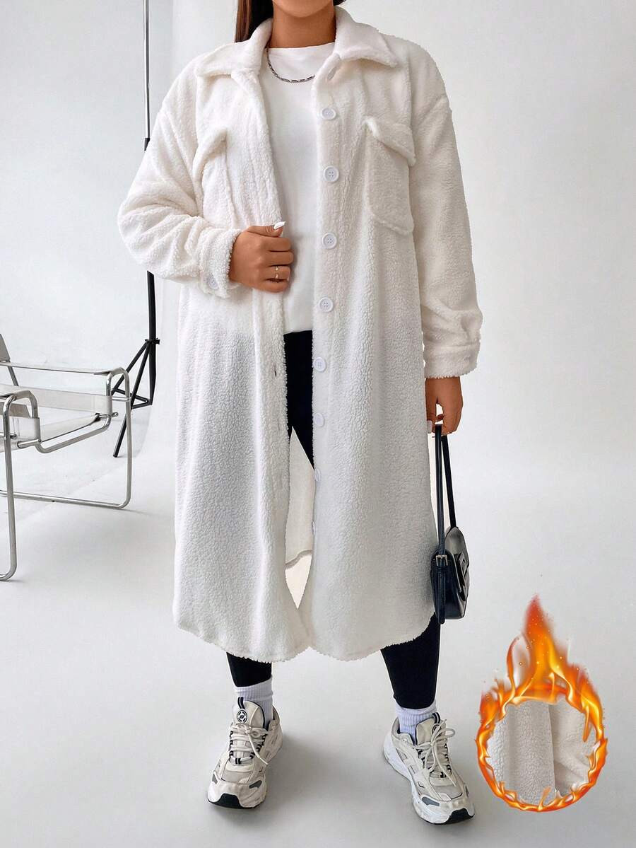 Flirla Plus Flap Pocket Drop Shoulder Teddy Coat | SHEIN