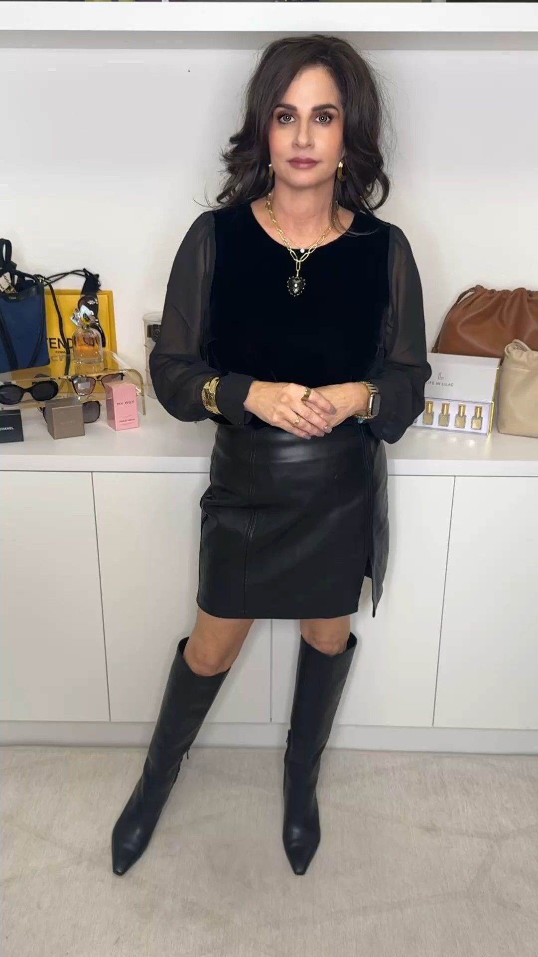Velvet top paired with a faux leather skirt . Just a different way of wearing the same top . Top size XS , skirt 0 , boots TTS 
#styleinspo #howtowearvelvet #winterstyle 

This skirt is on sale . #salealert 

#LTKStyleTip #LTKPetite #LTKOver40