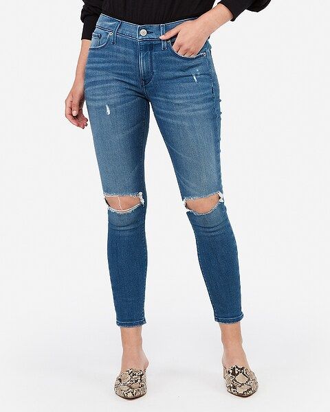 mid rise medium wash ripped cropped jean leggings | Express