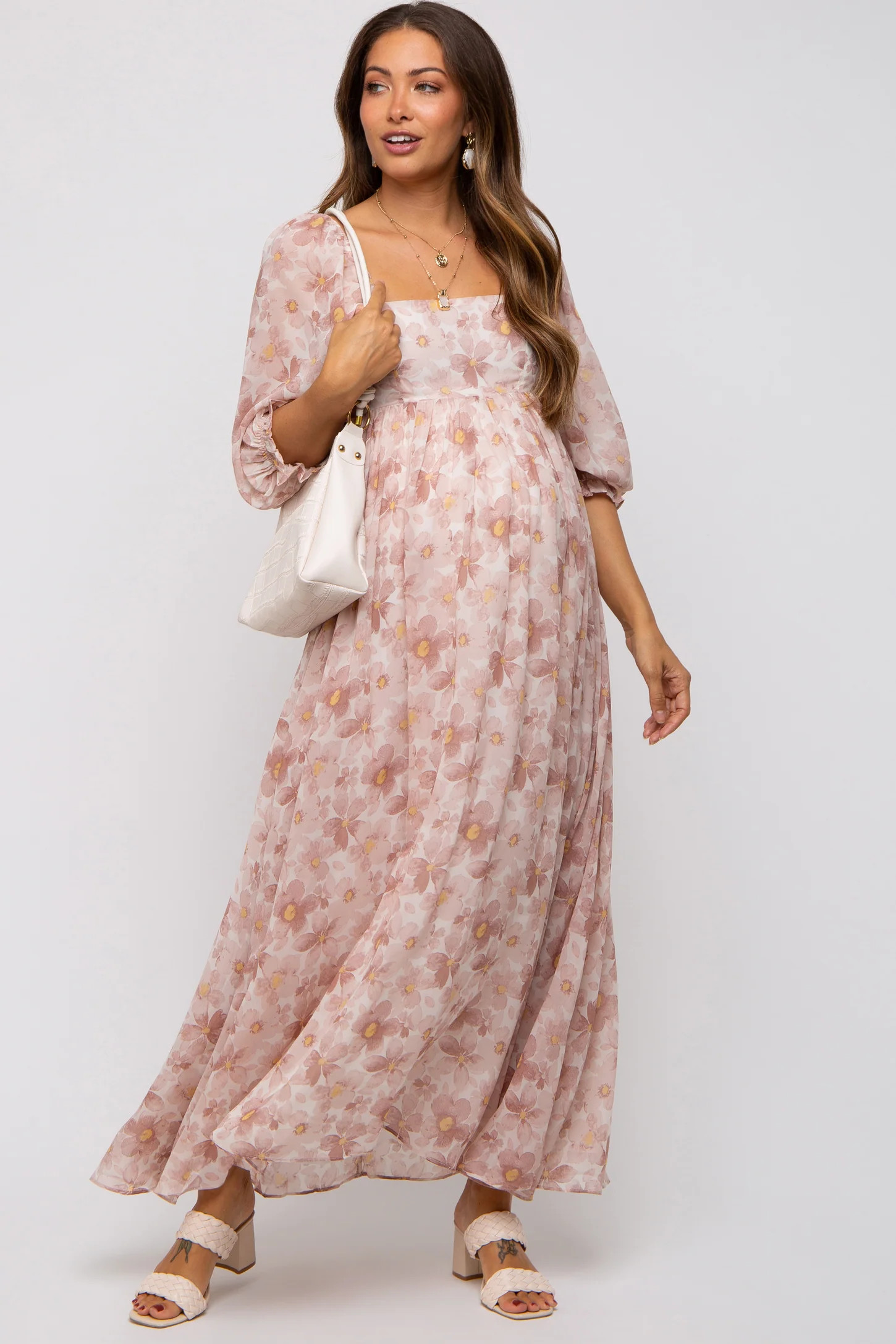 Ivory Floral Chiffon Square Neck Maternity Midi Dress | PinkBlush Maternity