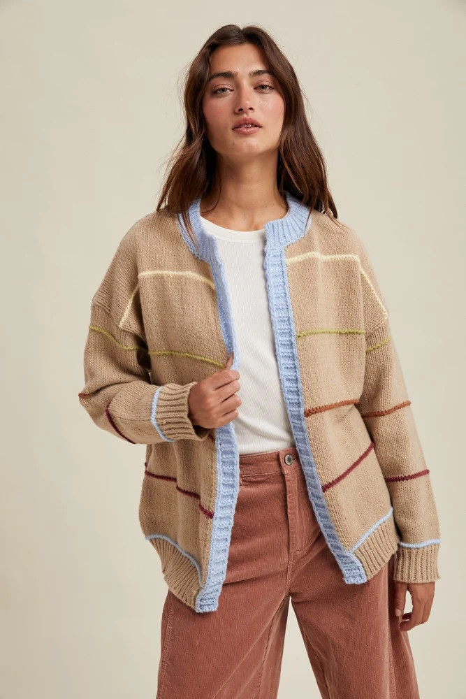 Beige Multicolor Stripe Chunky Knit Cardigan | PinkBlush Maternity
