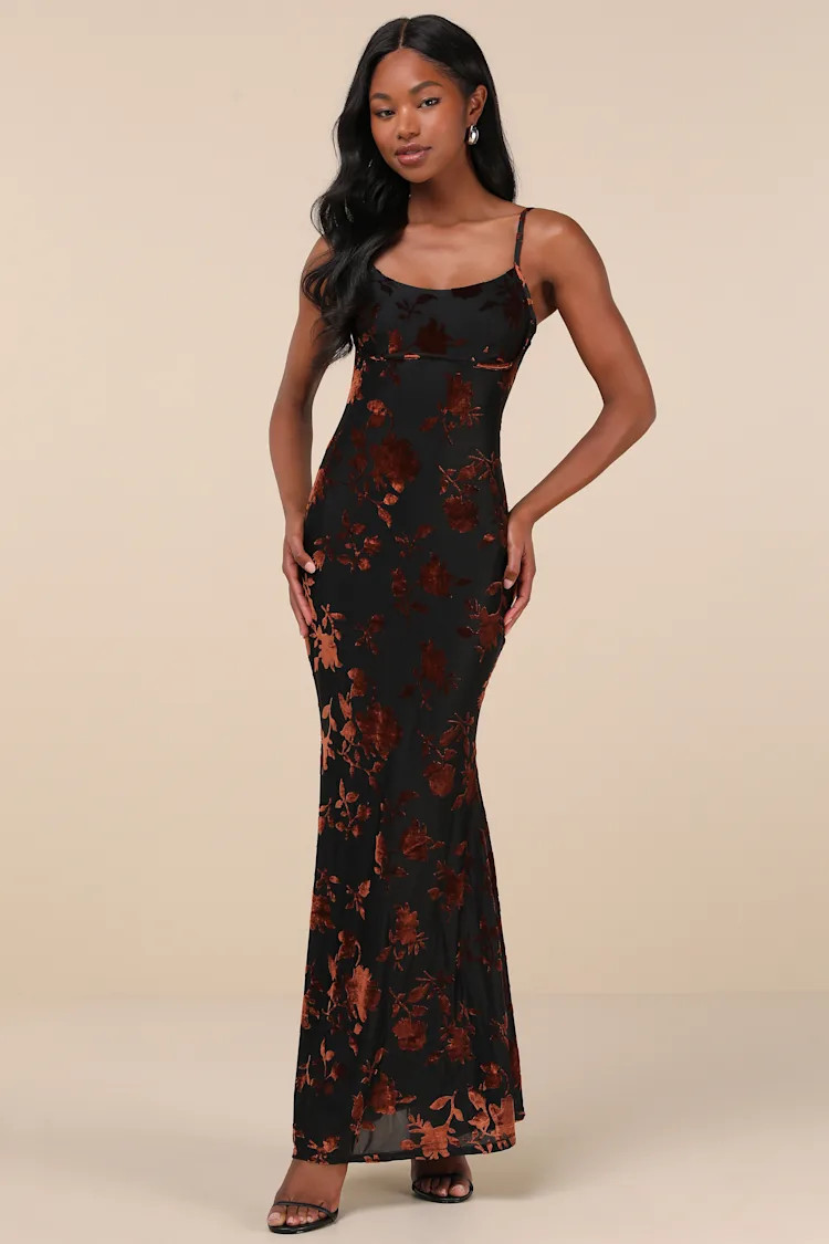 Isabella Black Floral Velvet Burnout Lace-Up Maxi Dress | Lulus