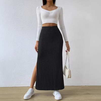Women's High - Waisted Side Slit Slim - Fit Knitted Midi Skirt, Casual Pencil Skirt with Knit Fabric Black S | Target