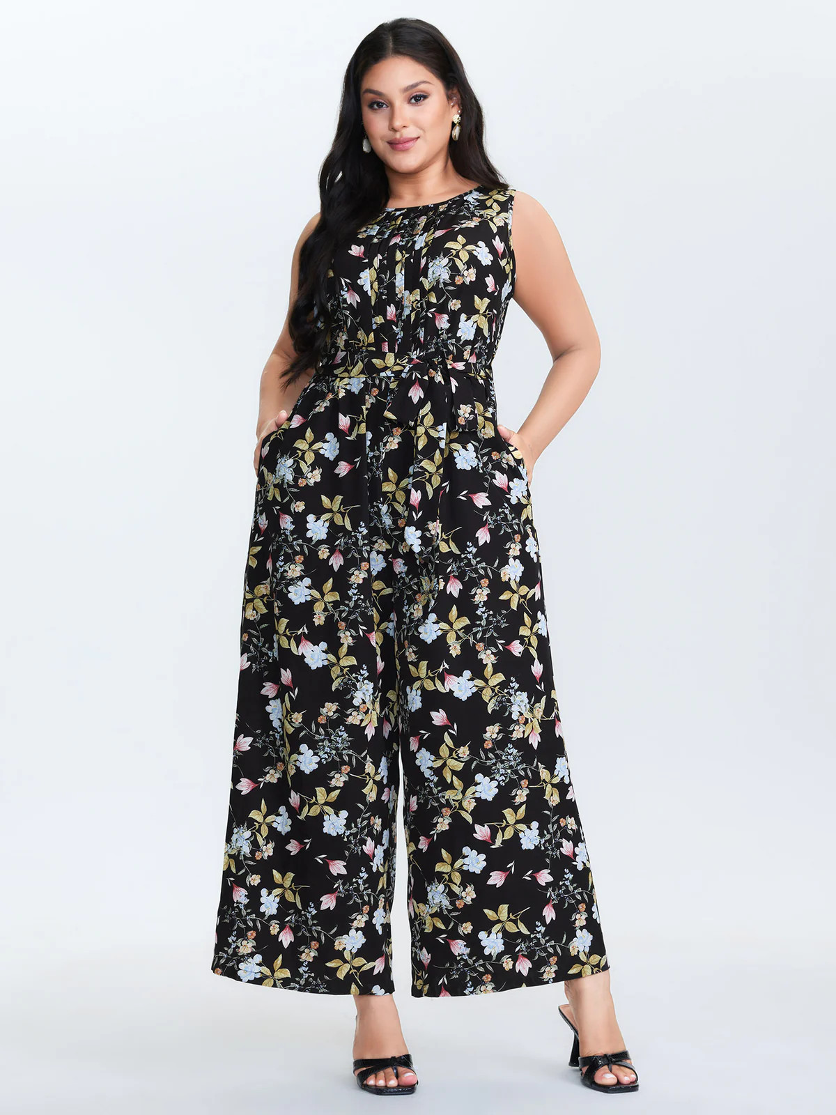 Floral Print Belted Plicated Detail Jumpsuit | Bloomchic