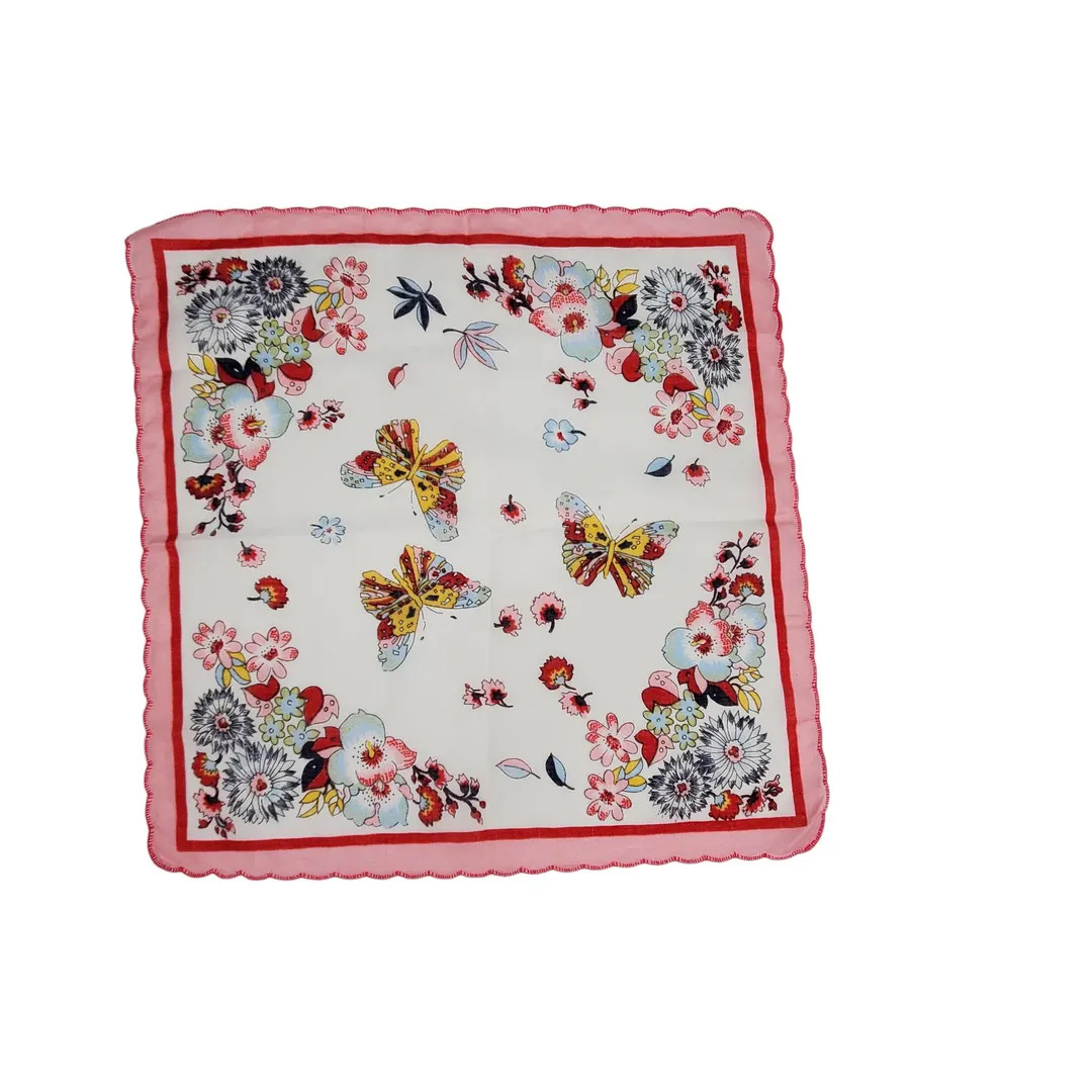 Vintage Square Butterflies and Flowers Handkerchief, Tiny Scalloped Edge, Pink Red Blue Yellow | Etsy (US)