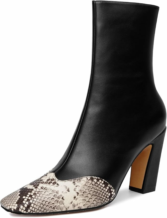 Vertundy Women's Ankle Boots Square Toe Booties High Block Chunky Heel Snakeskin Patchwork Leathe... | Amazon (US)