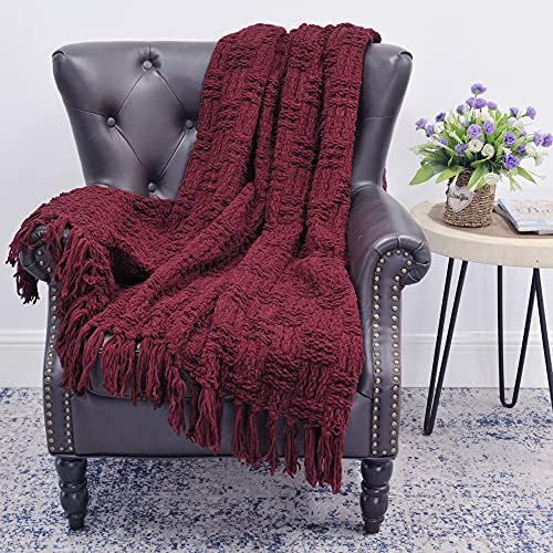 Home Soft Things Cable Knitted Throw Blankets 50'' x 60'', Burgundy, Soft Cozy Fluffy Decorative Thr | Amazon (US)