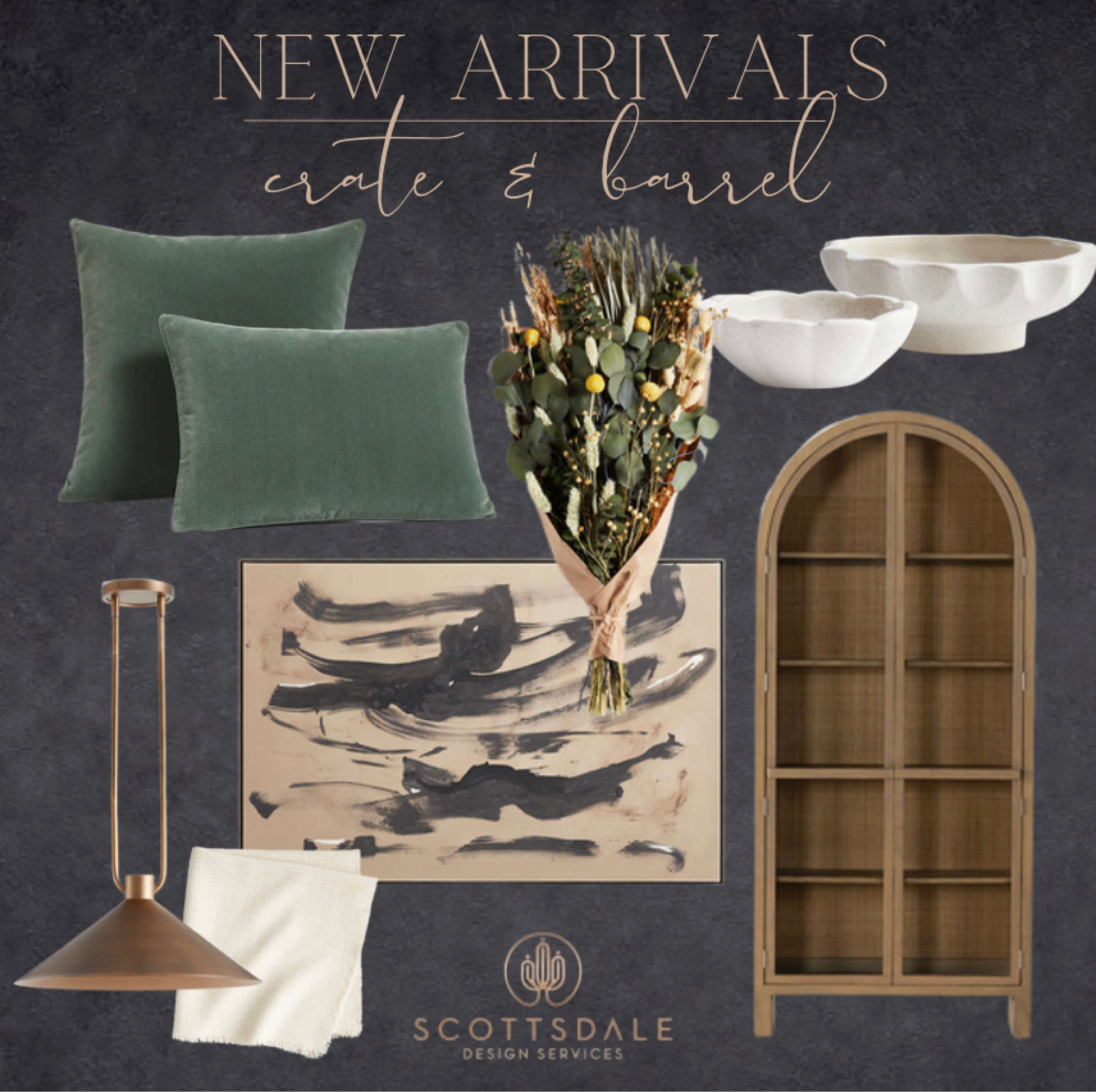 Crate & Barrel New Arrivals!🤍

Display cabinet, pendant light, abstract wall art, ruffle bowl, velvet pillow, dried flowers