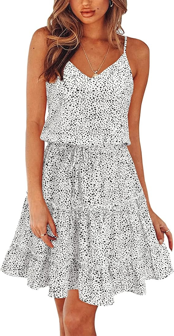 Newshows Women's 2025 Summer Dress Spaghetti Strap Casual Boho Beach Vacation Outfits Drawstring ... | Amazon (US)
