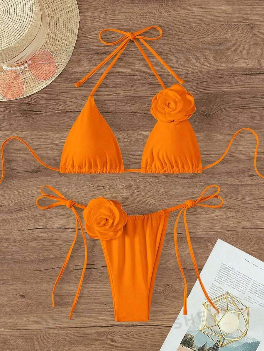 SHEIN Swim Summer Beach Floral Appliques Triangle Halter Tie Side Bikini Set Bathing Suit | SHEIN
