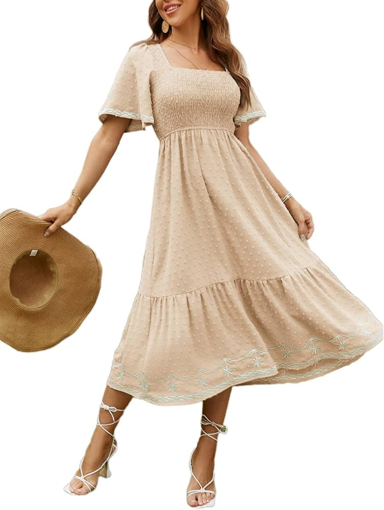 Glamaker Women's Short Sleeve Smocked Square Neck A Line Summer Flowy Maxi Long Dress | Amazon (US)