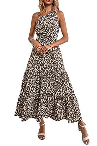PRETTYGARDEN Women's One Shoulder Boho Floral Maxi Dress, Coffee,S | Amazon (US)