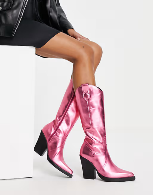 ASOS DESIGN - Camouflage - Premium leren kniehoge western laarzen in roze | ASOS (Global)