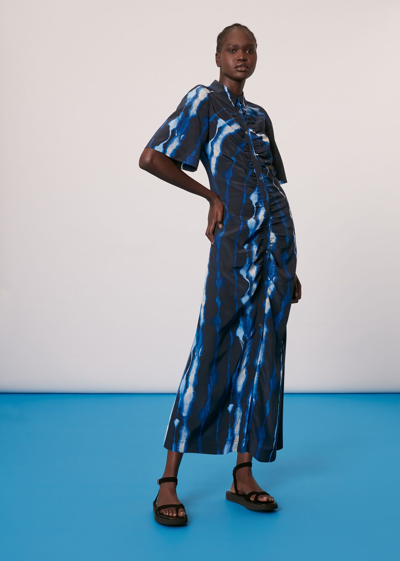 Blue/Multi Shibori Print Silk Midi Dress | WHISTLES | Whistles | Whistles