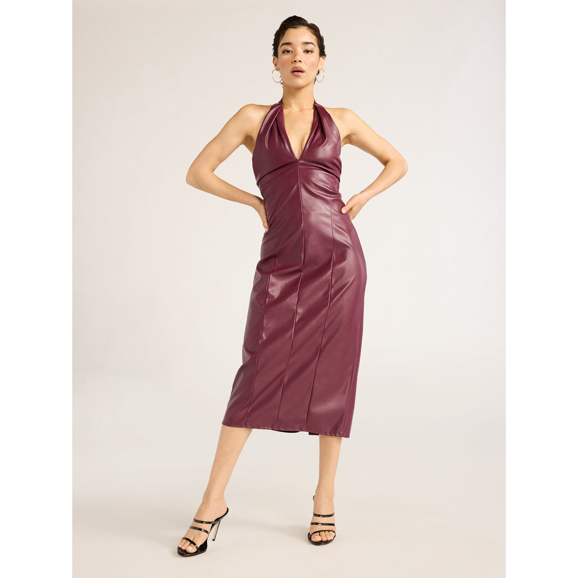 Sofia Jeans Women's Faux Leather Halter Fitted A-Line Dress, Mid Calf Length, Sizes XS-XXL | Walmart (US)