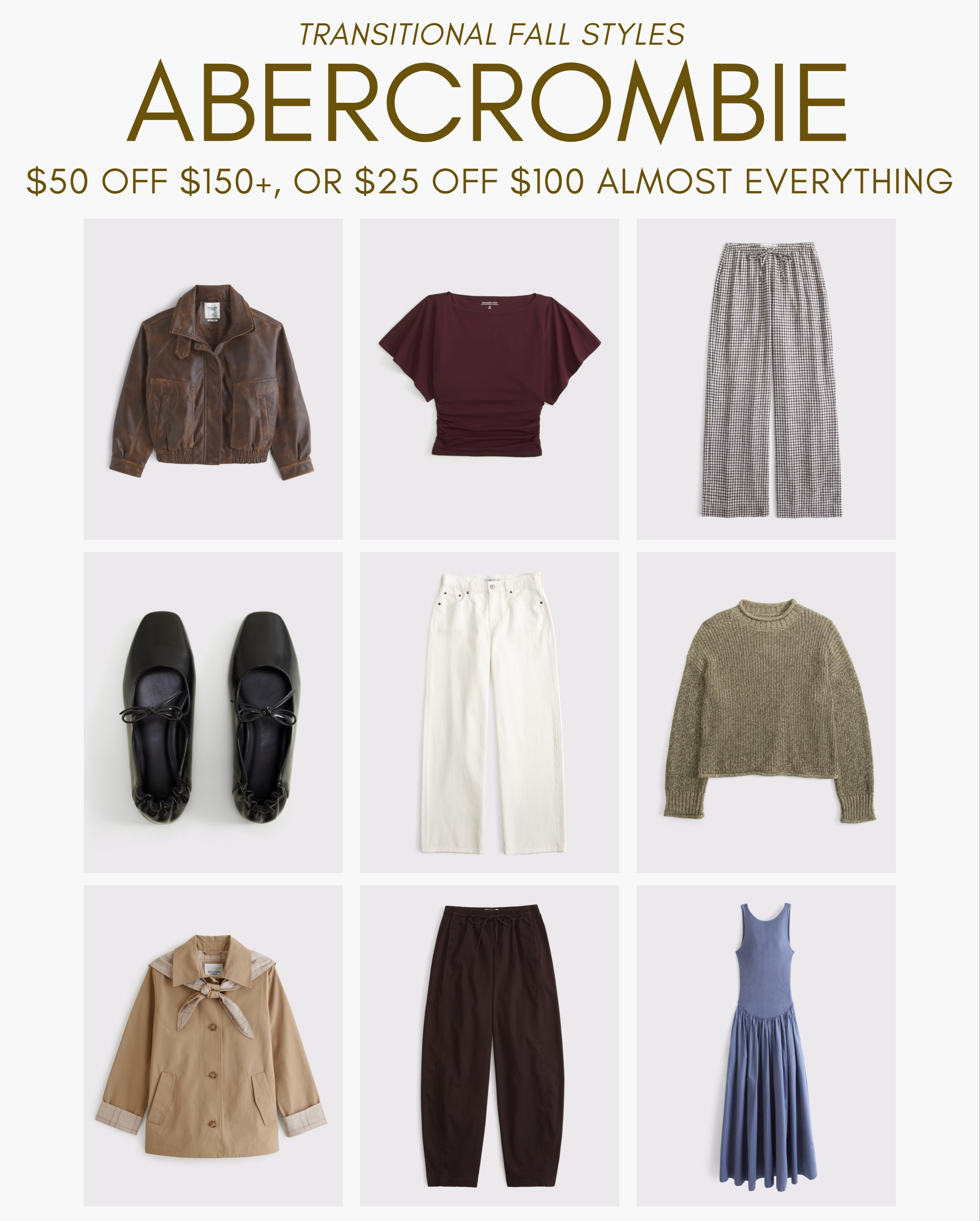 Transitional Fall styles at Abercrombie *Offer valid in stores and online July 30, 2026 to August 2, 2026 in US/CA. Exclusions apply as indicated. Discount applied to subtotal before tax and shipping/handling at checkout. 

 #LTKootd #LTKSeasonal #LTKSaleAlert
