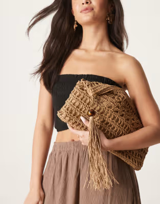 ASOS DESIGN straw clutch bag with open weave and tassel and bead detail | ASOS | ASOS (Global)