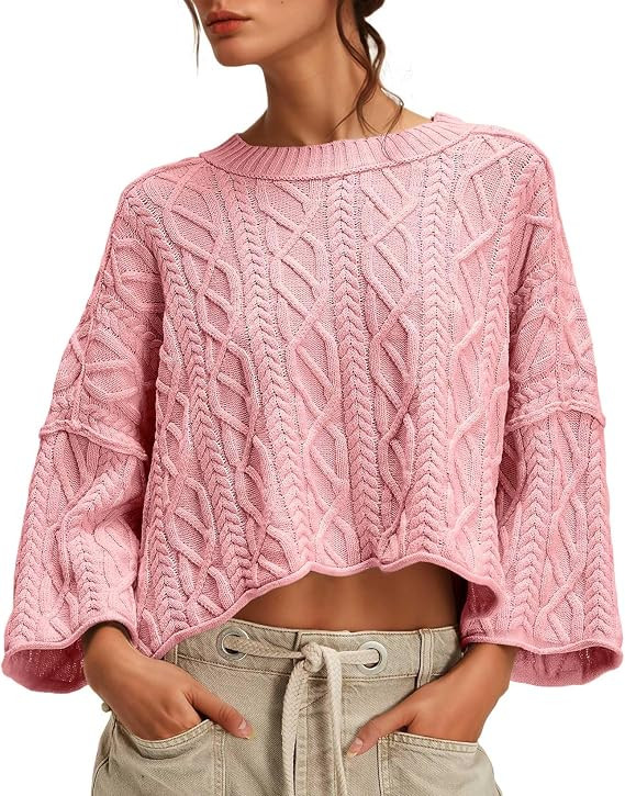 UNCLECAT Women's Cable Knit Cropped Sweaters Oversized Fall Sweater Long Sleeve Knit Trendy Pullo... | Amazon (US)