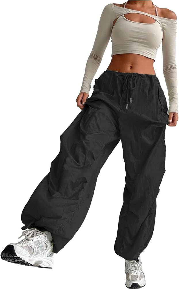 ONIRIKE Women's Parachute Pants Drawstring Elastic Waist Sweatpants Loose Baggy Y2K Cargo Pants T... | Amazon (US)