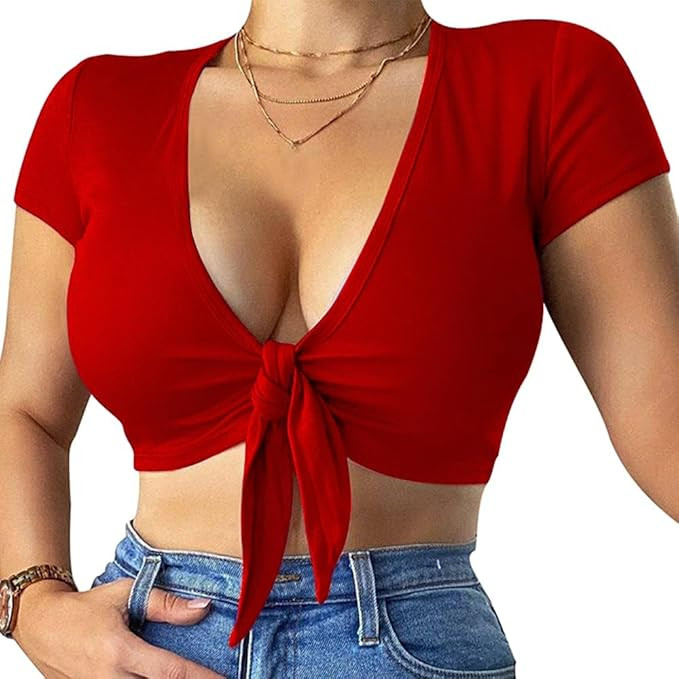 LCNBA Deep V Neck Short Sleeve Crop Top,Bandage Cross Wrap Tie Up Crop Tops | Amazon (US)