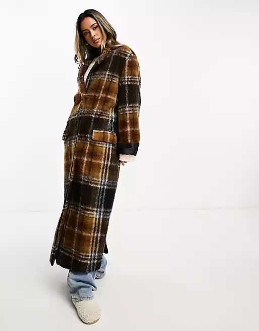 ASOS DESIGN smart dad wool mix coat in brushed check in brown | ASOS (Global)